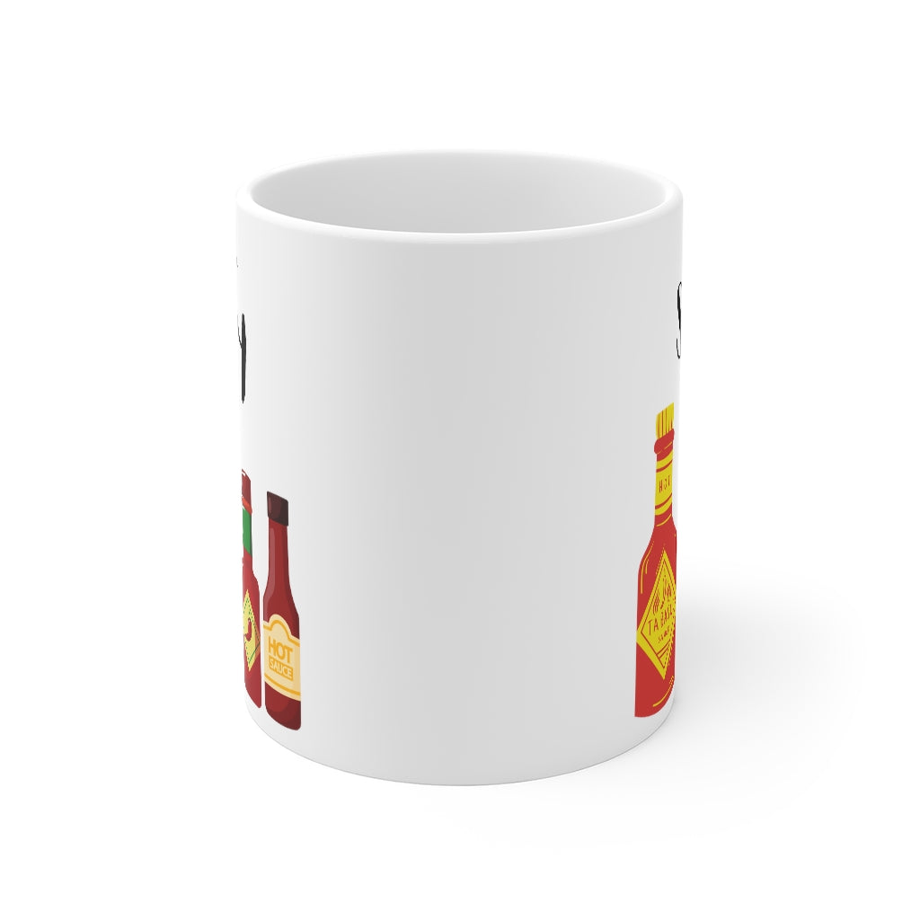 I Like It Extra Spicy Hot Sauce Mug in white ceramic with a fun spicy design, perfect for coffee and tea lovers.