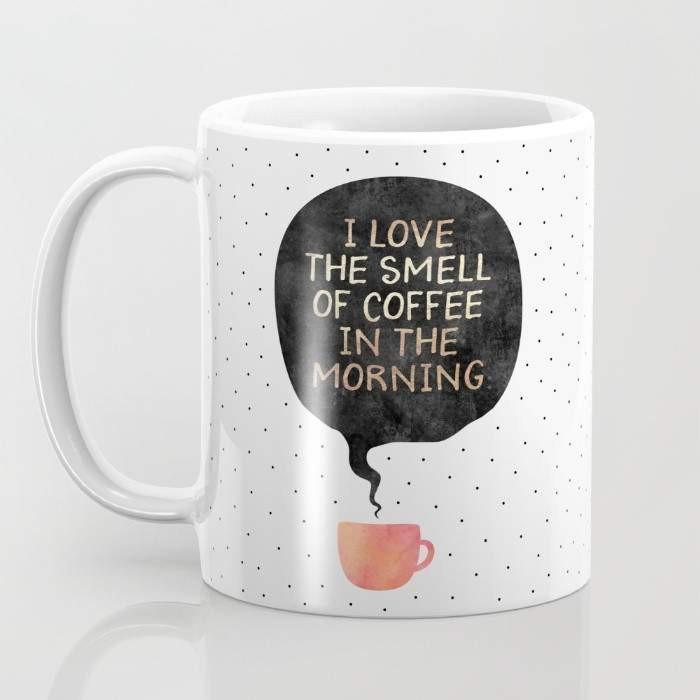 Ceramic coffee mug with 'I love the smell of coffee in the morning' design, featuring a large handle and wrap-around art.