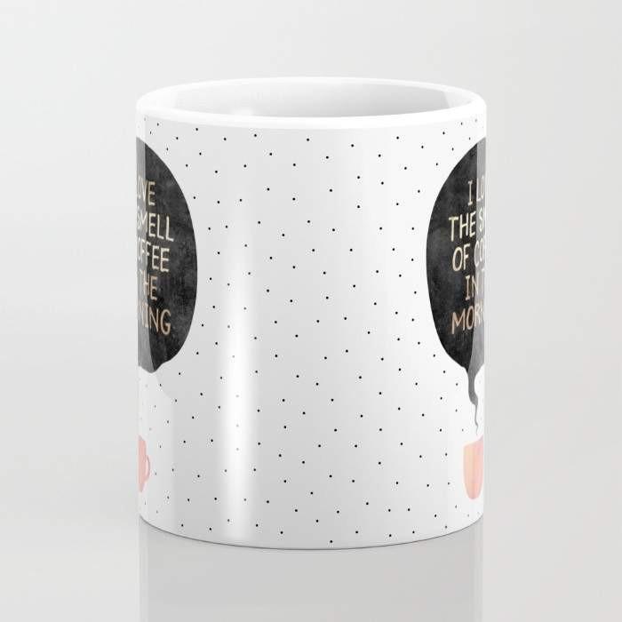 Ceramic coffee mug with 'I love the smell of coffee in the morning' design, featuring a large handle and wrap-around art.