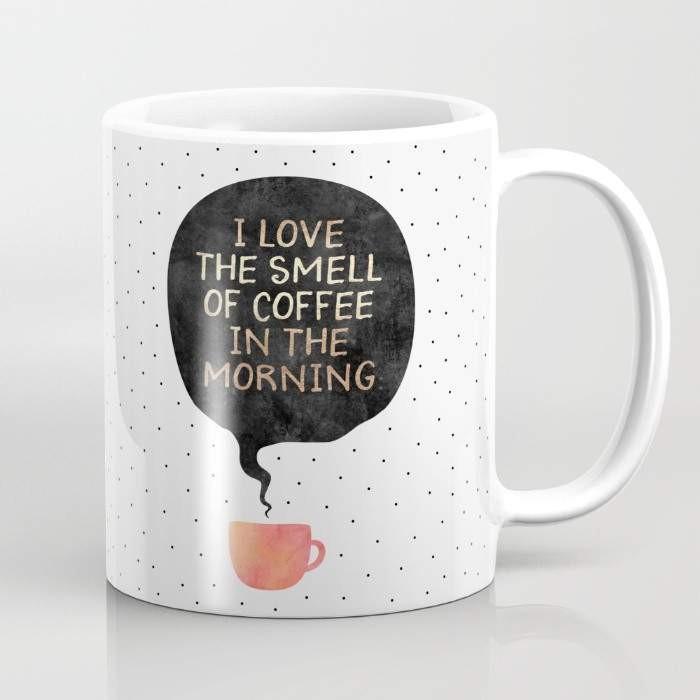 Ceramic coffee mug with 'I love the smell of coffee in the morning' design, featuring a large handle and wrap-around art.