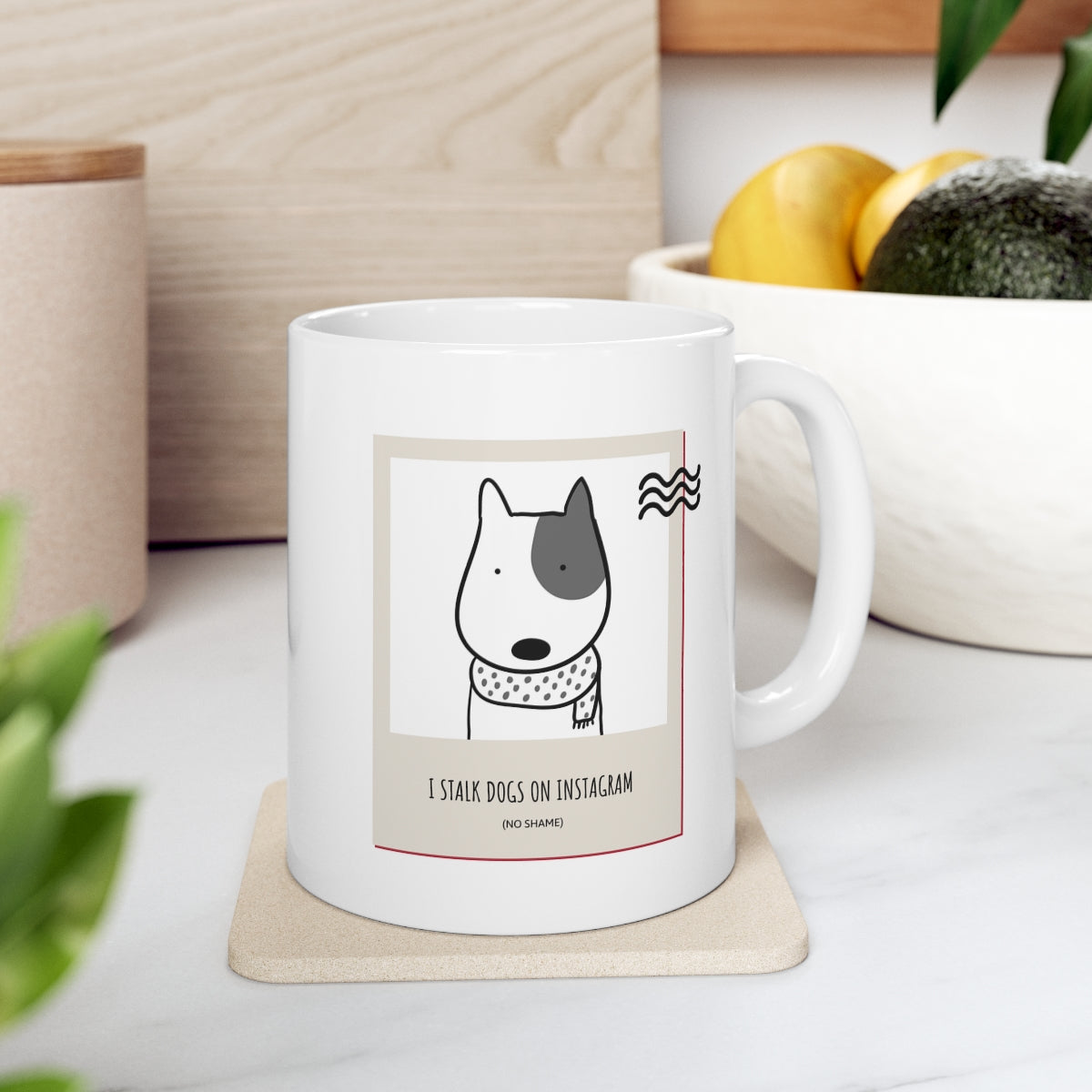 I Stalk Dogs on IG Mug in white ceramic with rounded corners and C-handle, perfect for dog lovers.