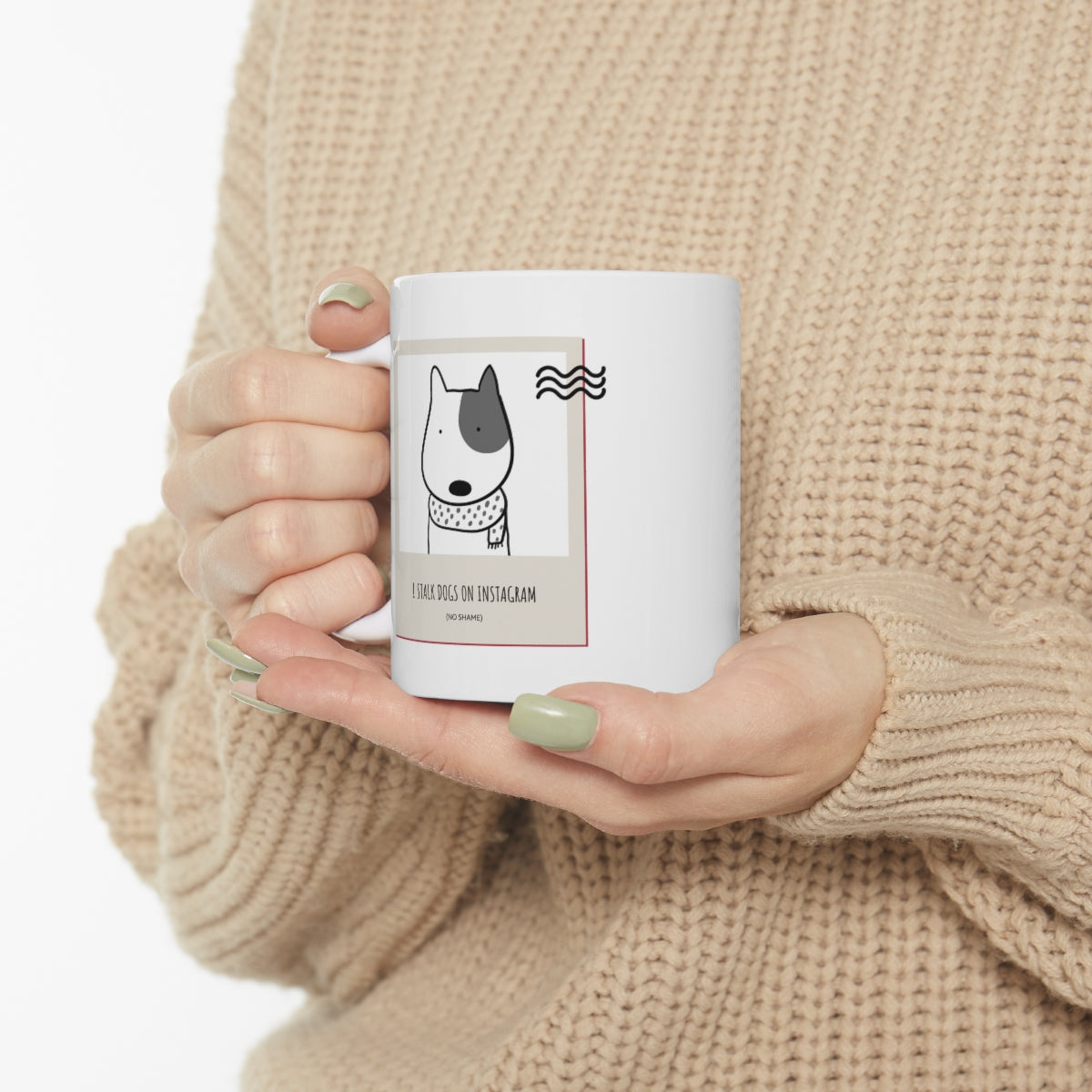 I Stalk Dogs on IG Mug in white ceramic with rounded corners and C-handle, perfect for dog lovers.