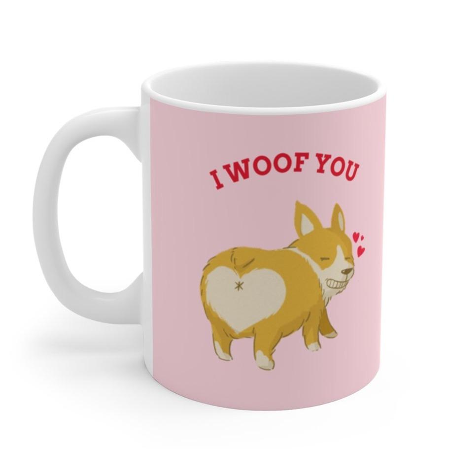 I Woof You Dog Lovers Mug in white ceramic with a C-handle, perfect for coffee and tea.