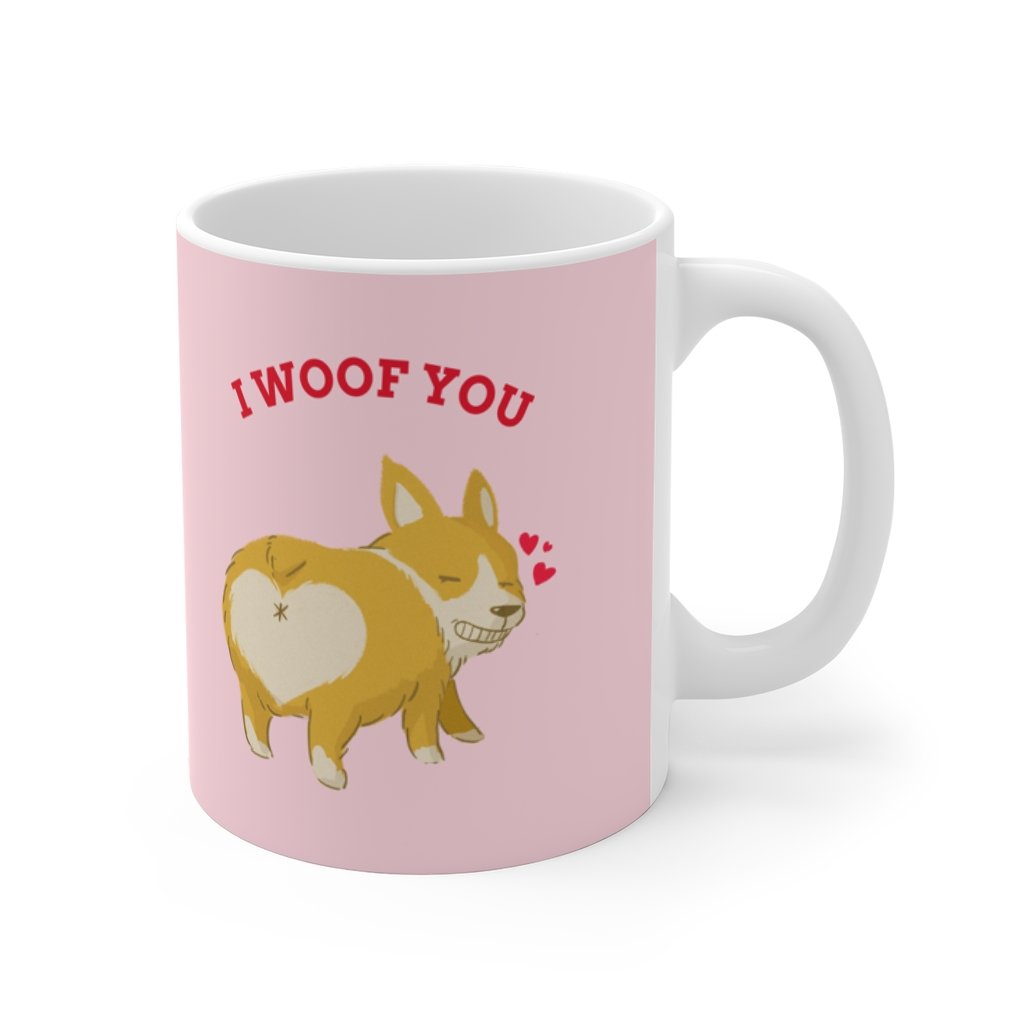 I Woof You Dog Lovers Mug in white ceramic with a C-handle, perfect for coffee and tea.