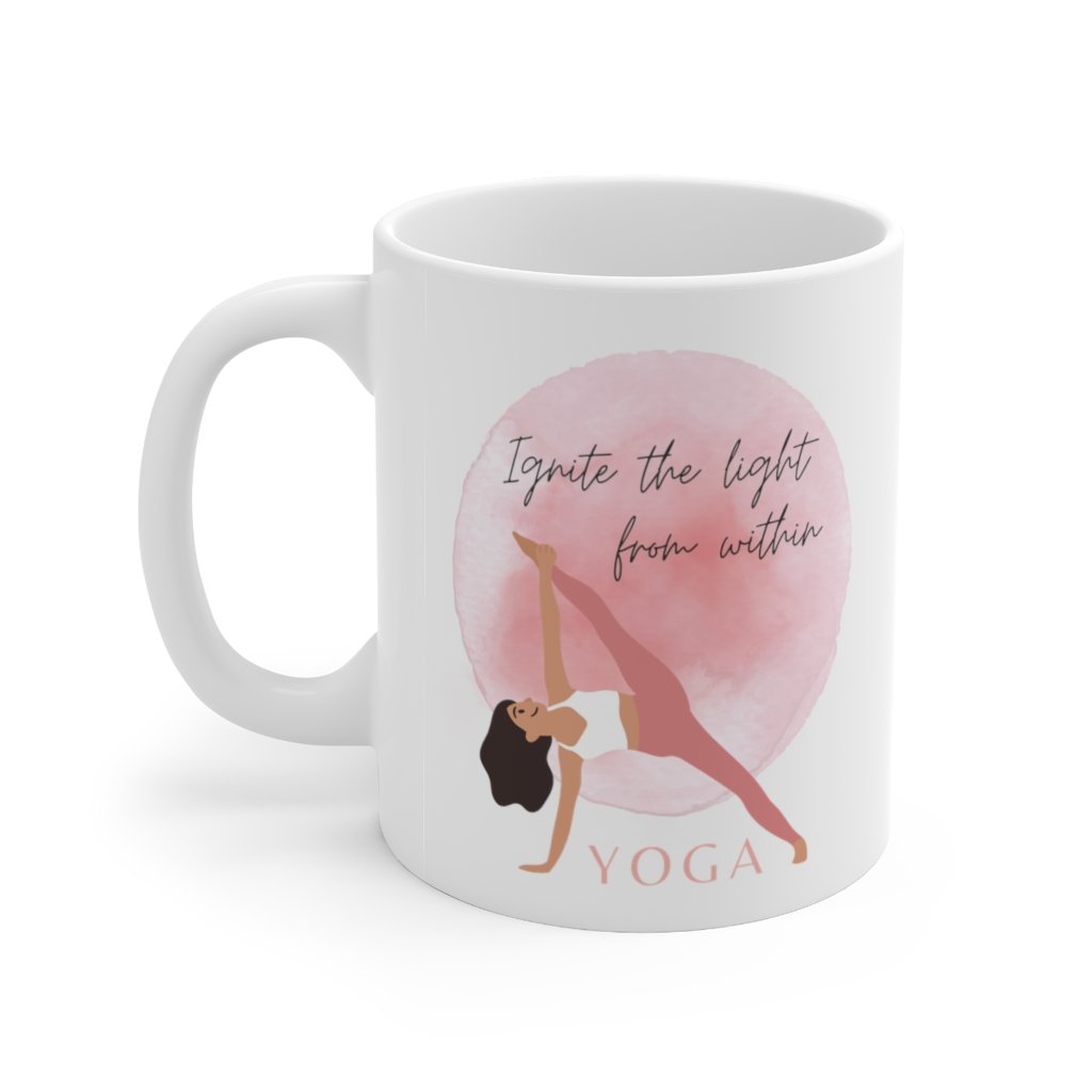 Ignite the Light Yoga Theme Mug, white ceramic, 11-ounce size, featuring a yoga-inspired design.