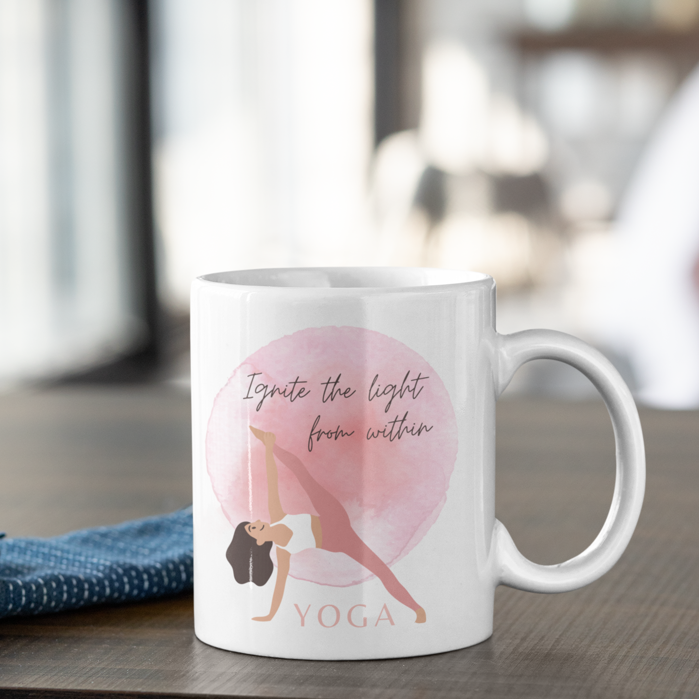 Ignite the Light Yoga Theme Mug, white ceramic, 11-ounce size, featuring a yoga-inspired design.