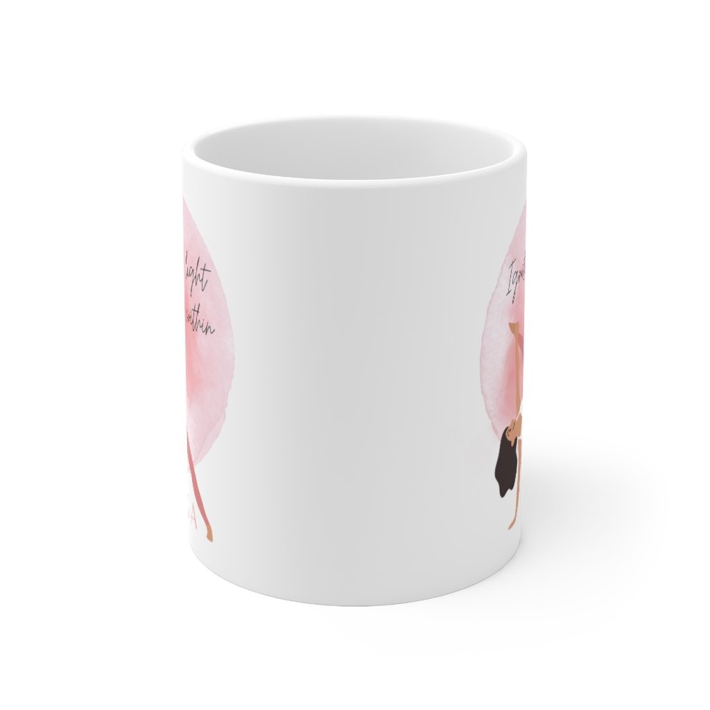 Ignite the Light Yoga Theme Mug, white ceramic, 11-ounce size, featuring a yoga-inspired design.