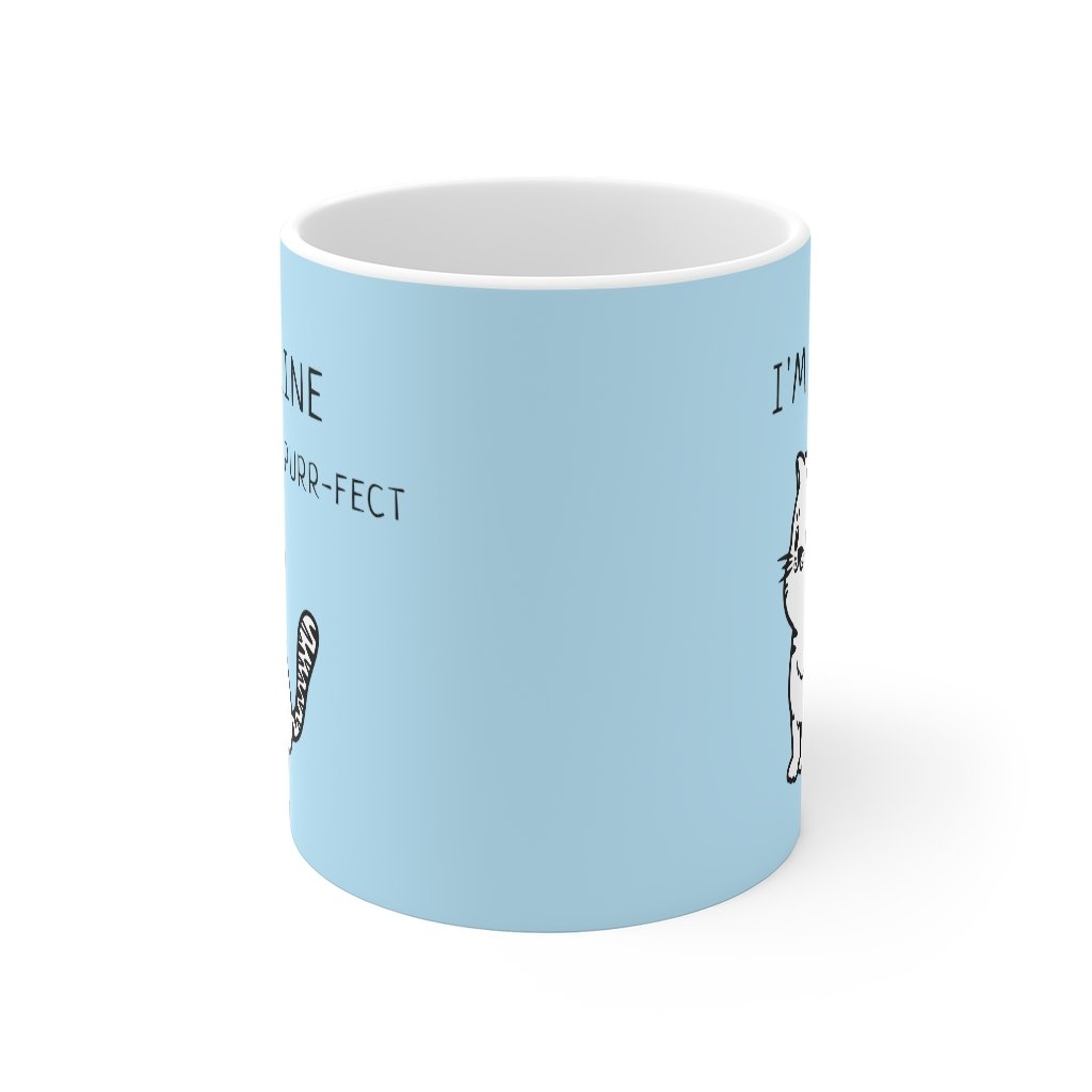 I'm Feline Purr-Fect Mug in Blue, featuring a charming cat design on a white ceramic body, perfect for coffee or tea.