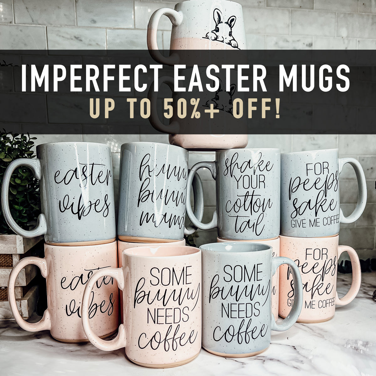 A collection of imperfect Easter mugs in pink and blue, showcasing unique designs and minor imperfections.