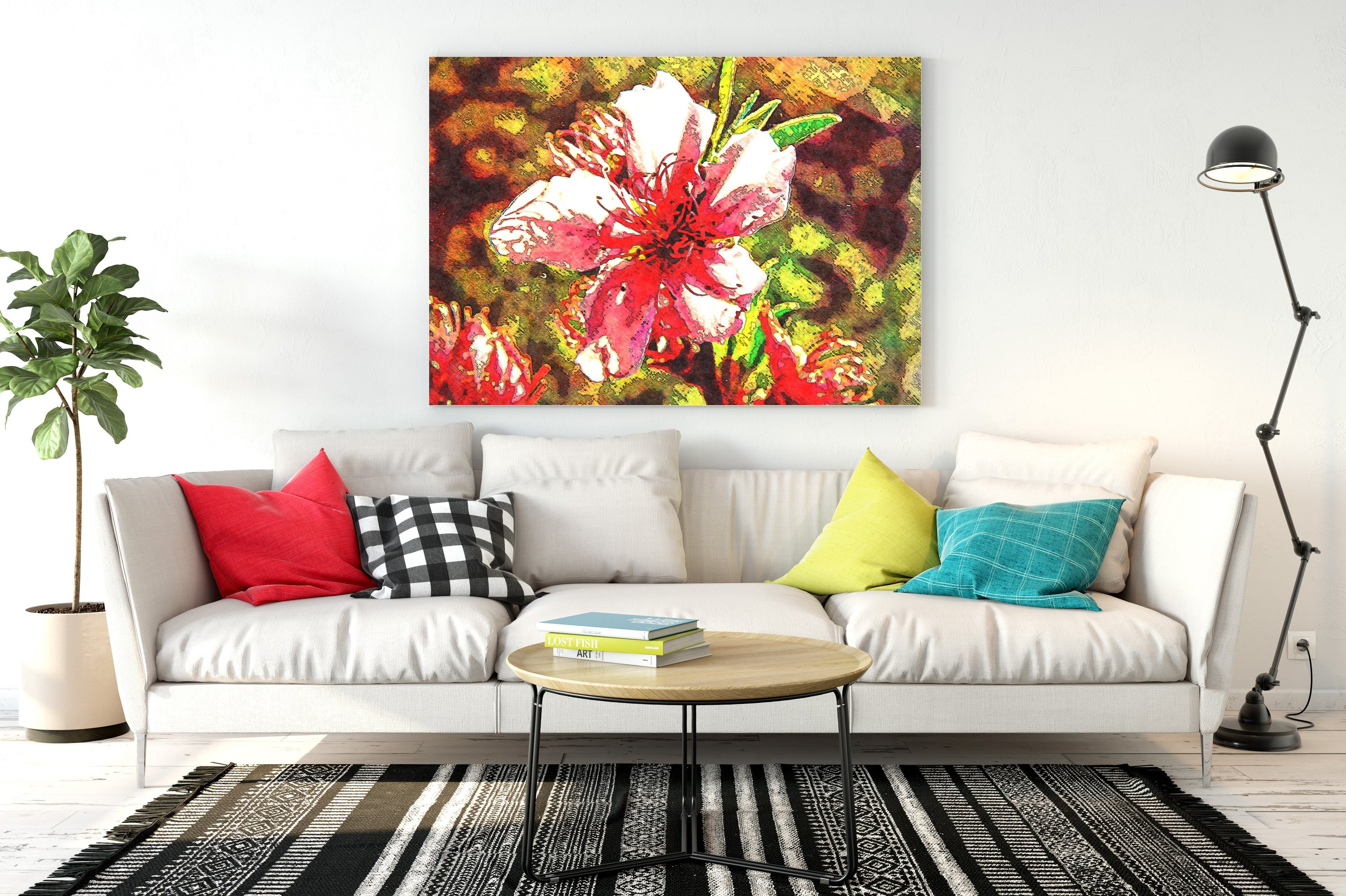 Lakeside Flowers Abstract Pop Art Canvas Print featuring vibrant colors and abstract floral designs, perfect for modern decor.