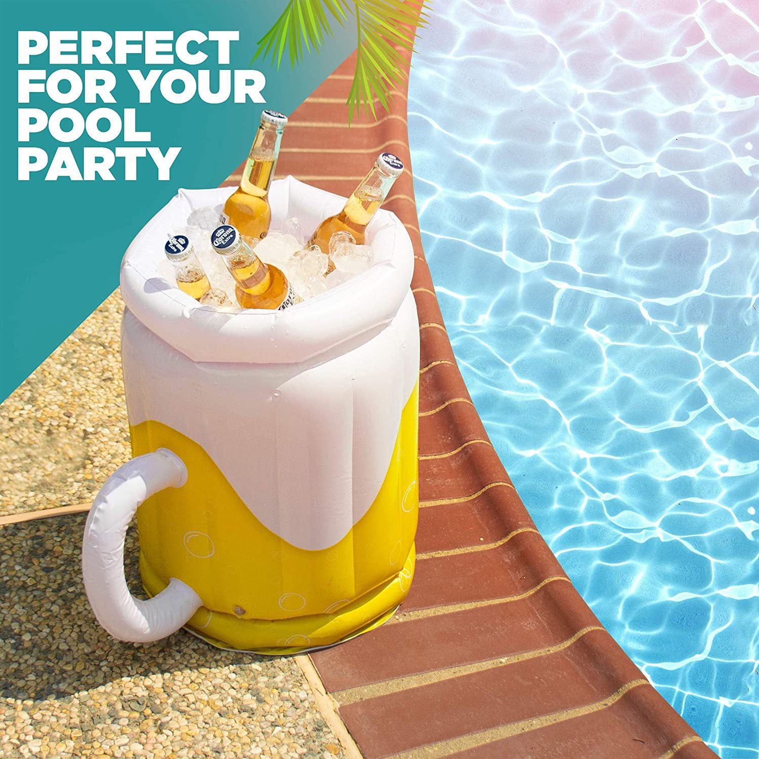 Large inflatable beer mug cooler float, perfect for pool parties and summer gatherings, filled with ice and drinks.