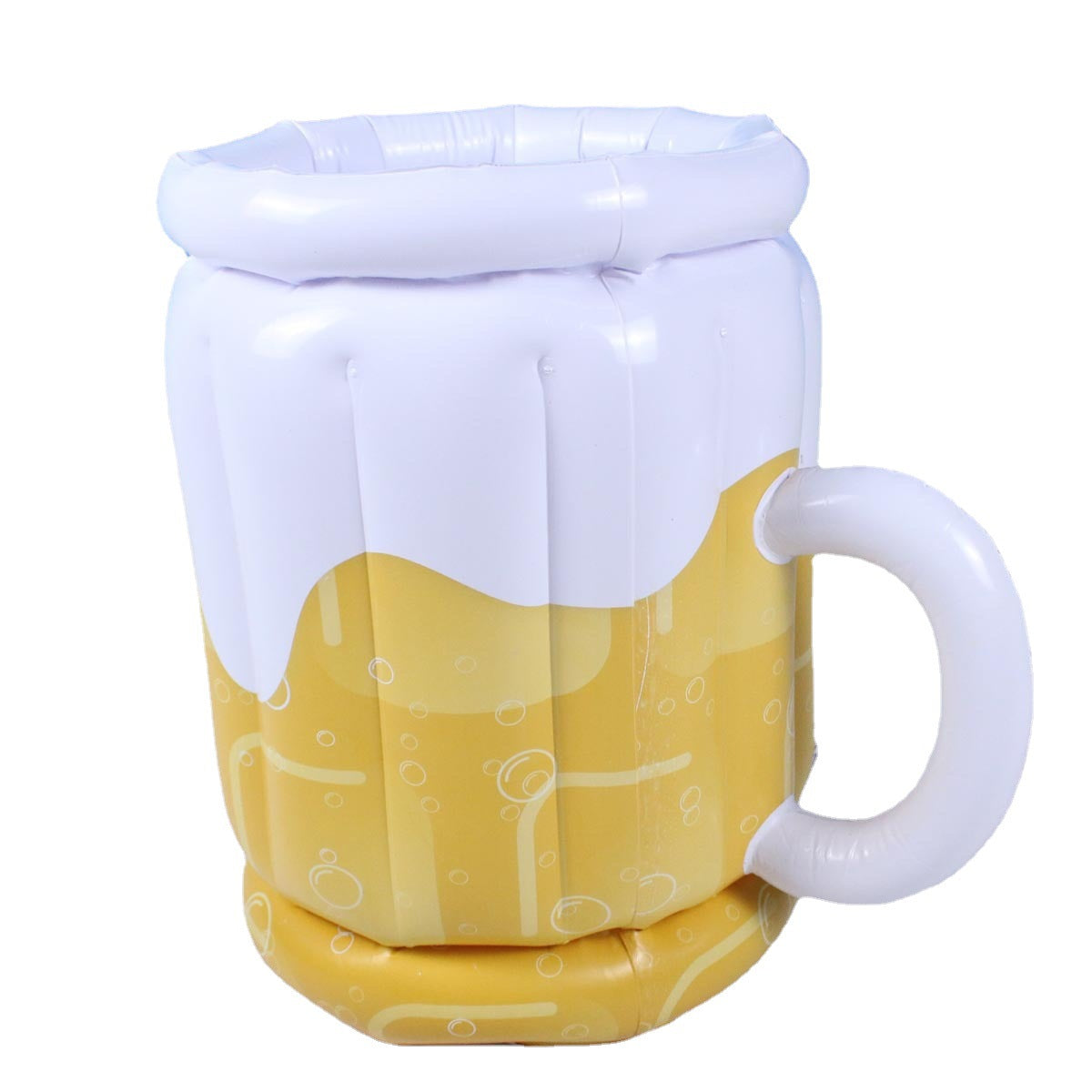 Large inflatable beer mug cooler float, perfect for pool parties and summer gatherings, filled with ice and drinks.