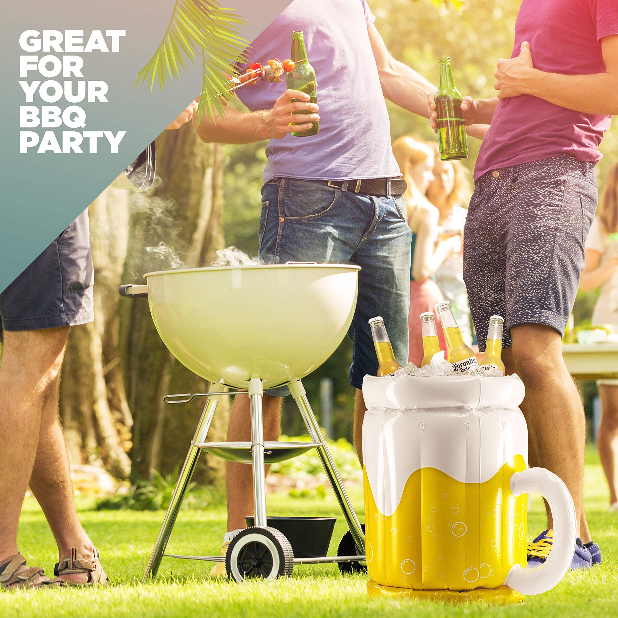 Large inflatable beer mug cooler float, perfect for pool parties and summer gatherings, filled with ice and drinks.