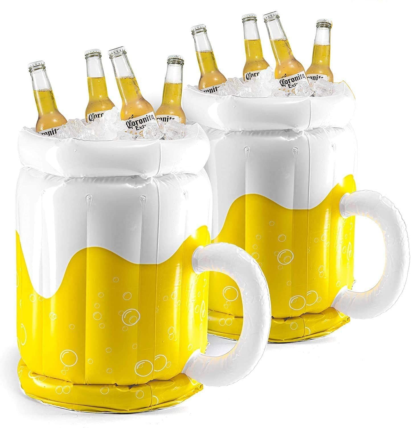 Large inflatable beer mug cooler float, perfect for pool parties and summer gatherings, filled with ice and drinks.