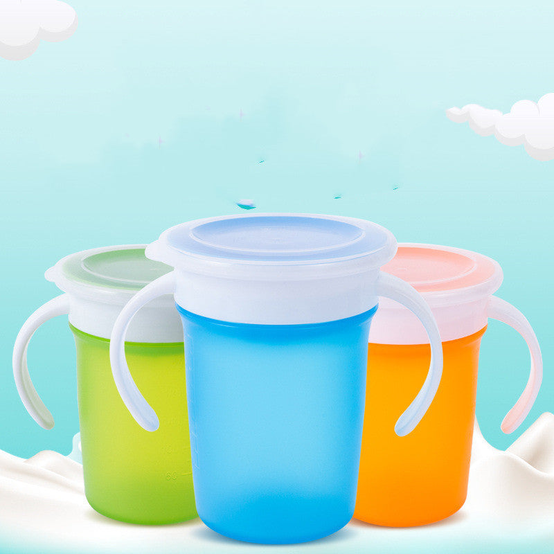 Leak Proof Silicone Baby Drinking Cup in various colors with a 360-degree design, showcasing its non-slip handle and safe mouthpiece.