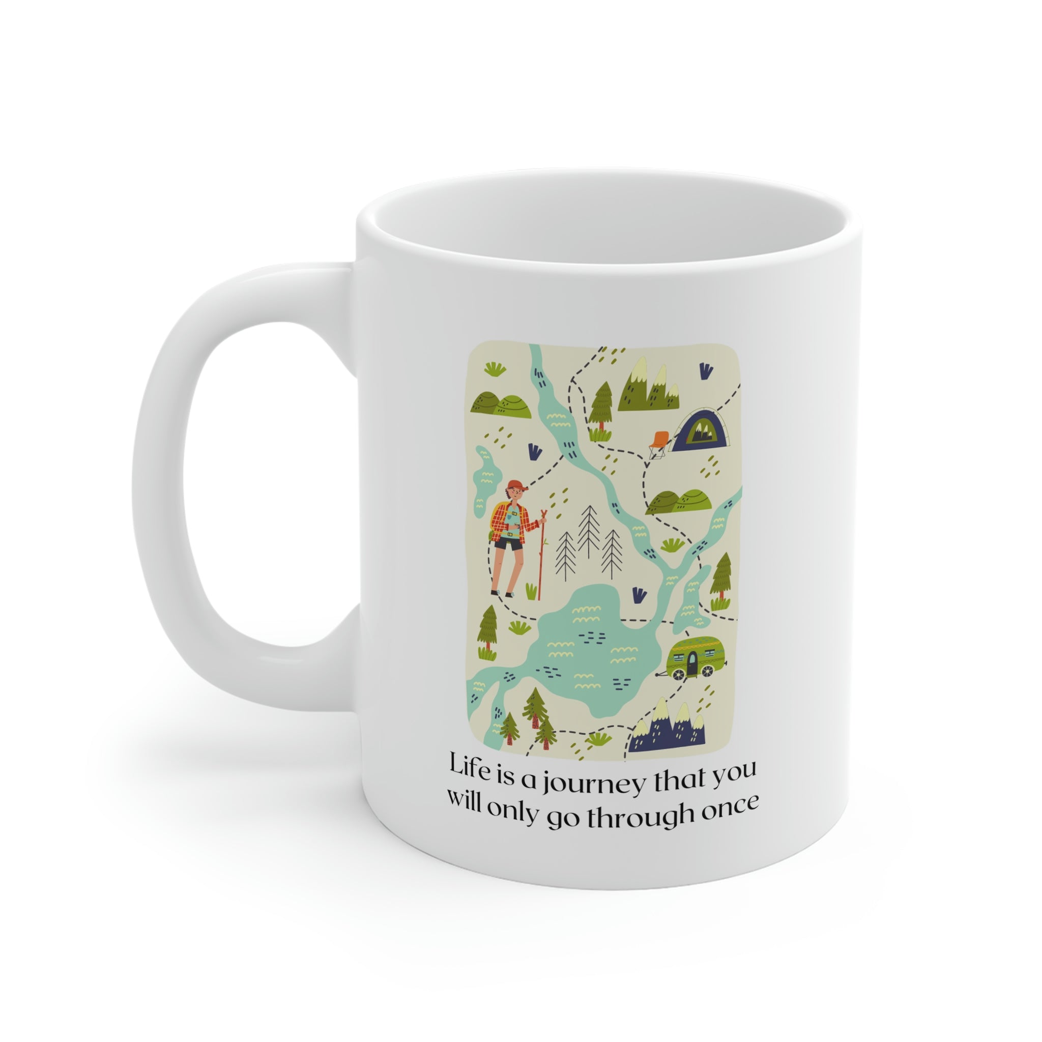 Life is a Journey Coffee Tea Mug, white ceramic with rounded corners, perfect for coffee, tea, or hot chocolate.