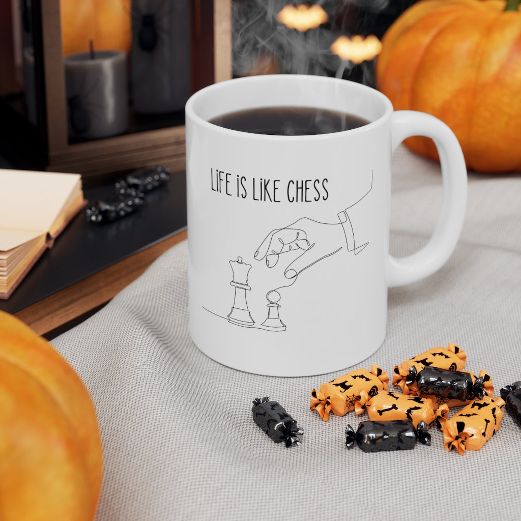 Life Is Like Chess Ceramic Mug, 11oz, white with rounded corners and C-handle, perfect for chess enthusiasts.