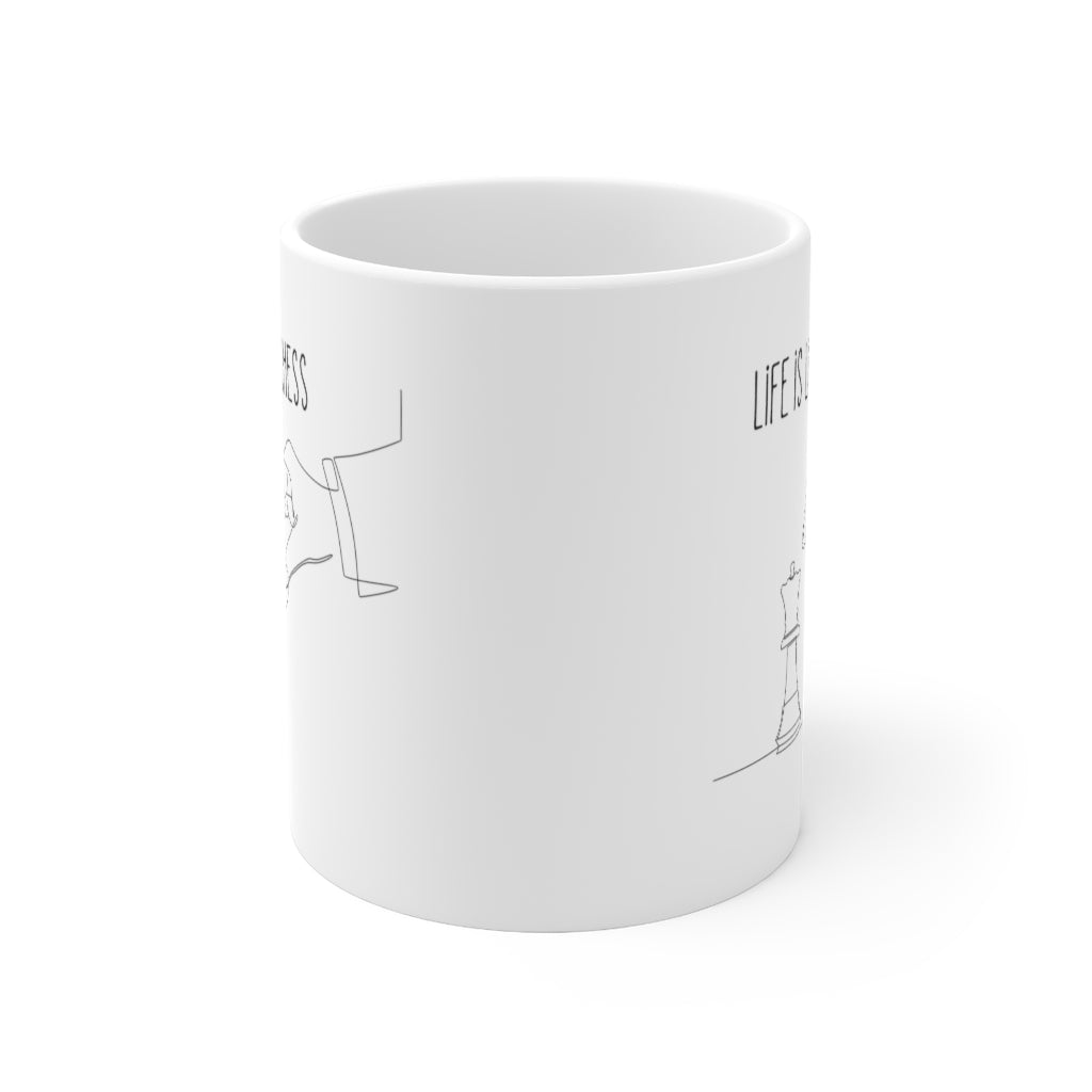 Life Is Like Chess Ceramic Mug, 11oz, white with rounded corners and C-handle, perfect for chess enthusiasts.