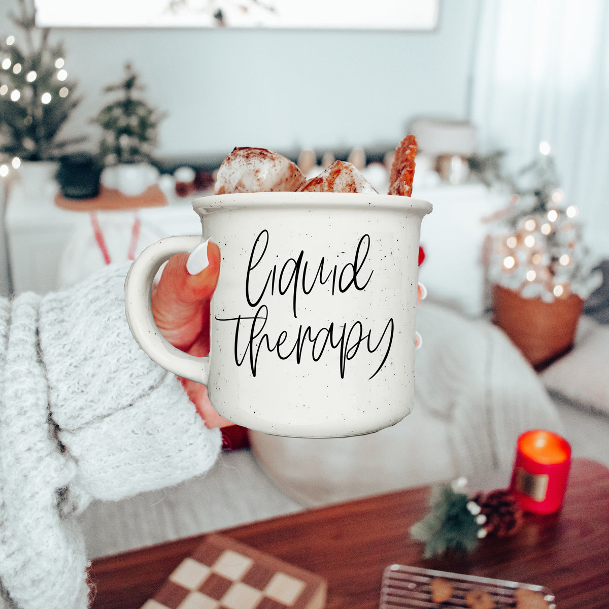 Liquid Therapy 14.5oz ceramic mug with white sesame glaze and black lettering, featuring a campfire style design.