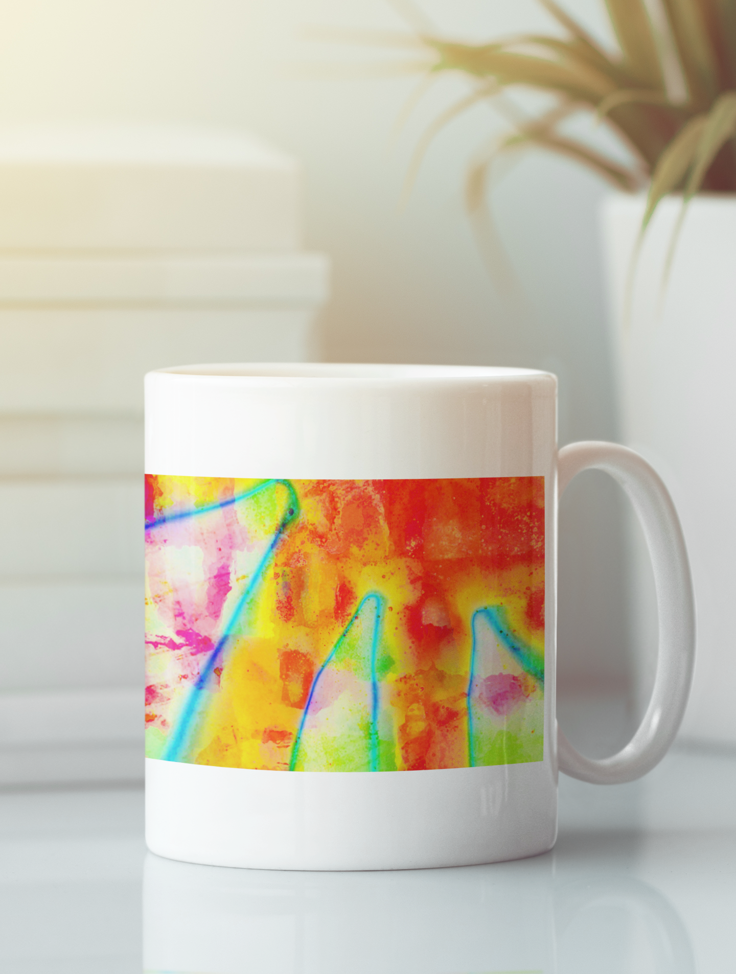 A stylish ceramic coffee mug featuring a vibrant Pop Art design on both sides, perfect for coffee or tea lovers.