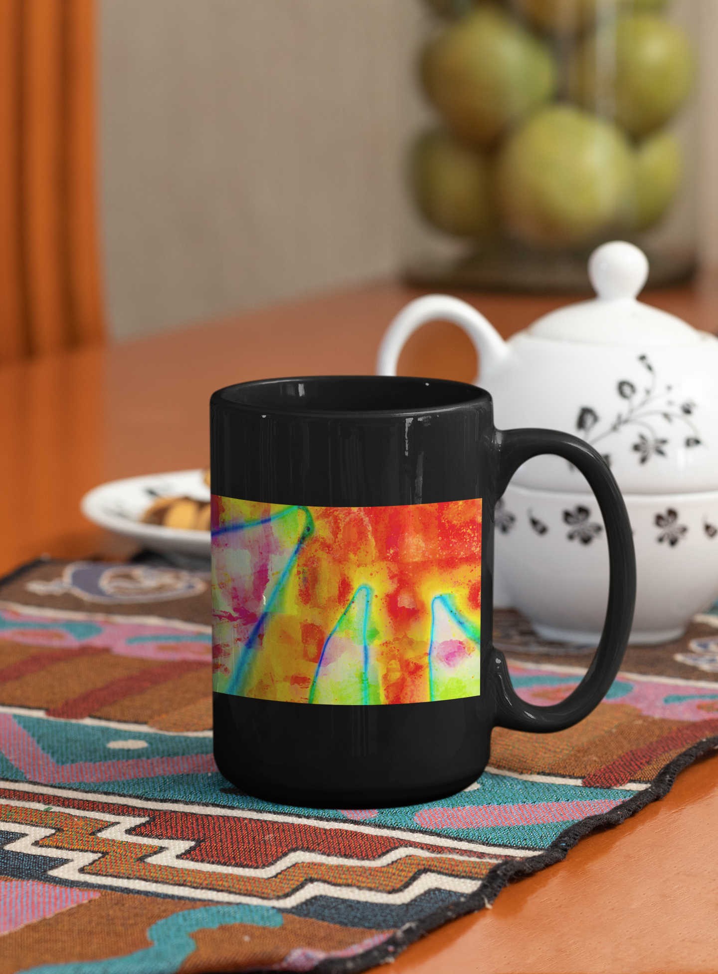 A stylish ceramic coffee mug featuring a vibrant Pop Art design on both sides, perfect for coffee or tea lovers.