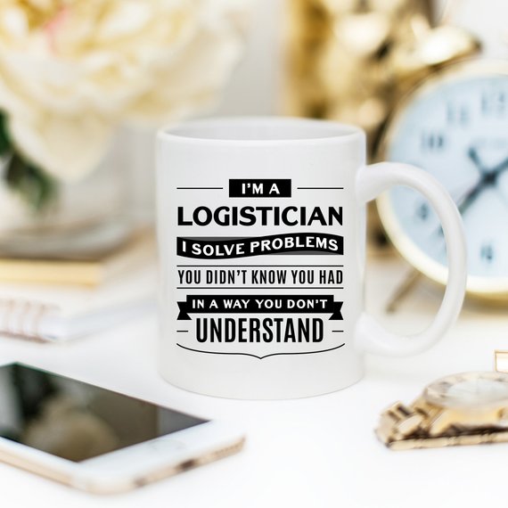 A high-quality white ceramic mug featuring a vibrant design for logisticians, showcasing its front and back print.