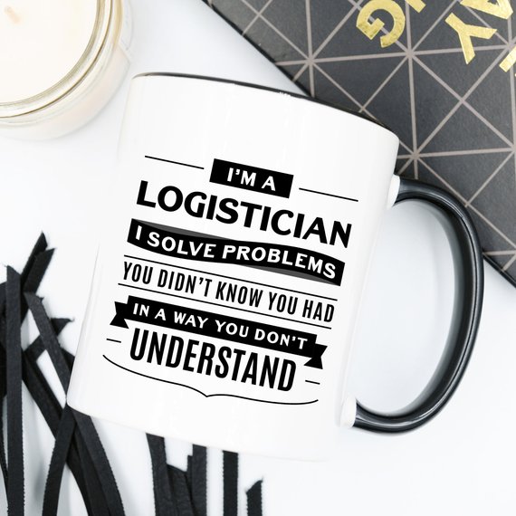 A high-quality white ceramic mug featuring a vibrant design for logisticians, showcasing its front and back print.