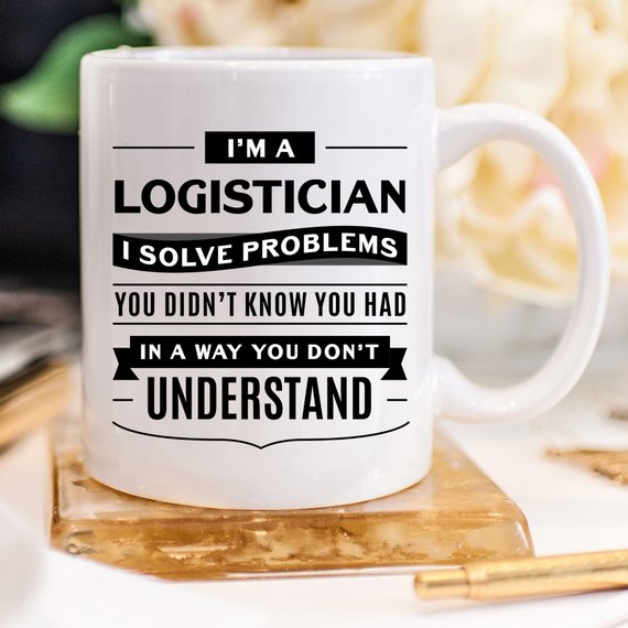 A high-quality white ceramic mug featuring a vibrant design for logisticians, showcasing its front and back print.