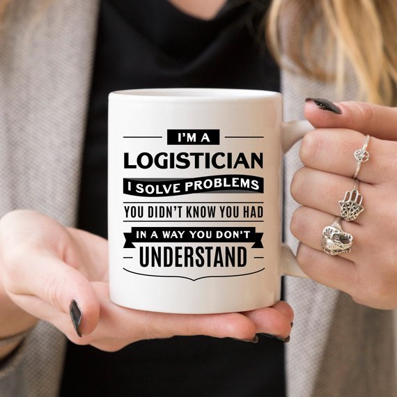 A high-quality white ceramic mug featuring a vibrant design for logisticians, showcasing its front and back print.