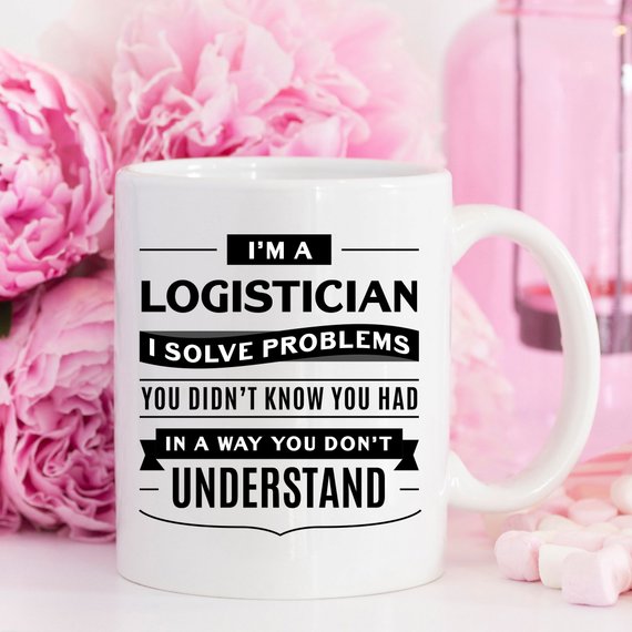 A high-quality white ceramic mug featuring a vibrant design for logisticians, showcasing its front and back print.