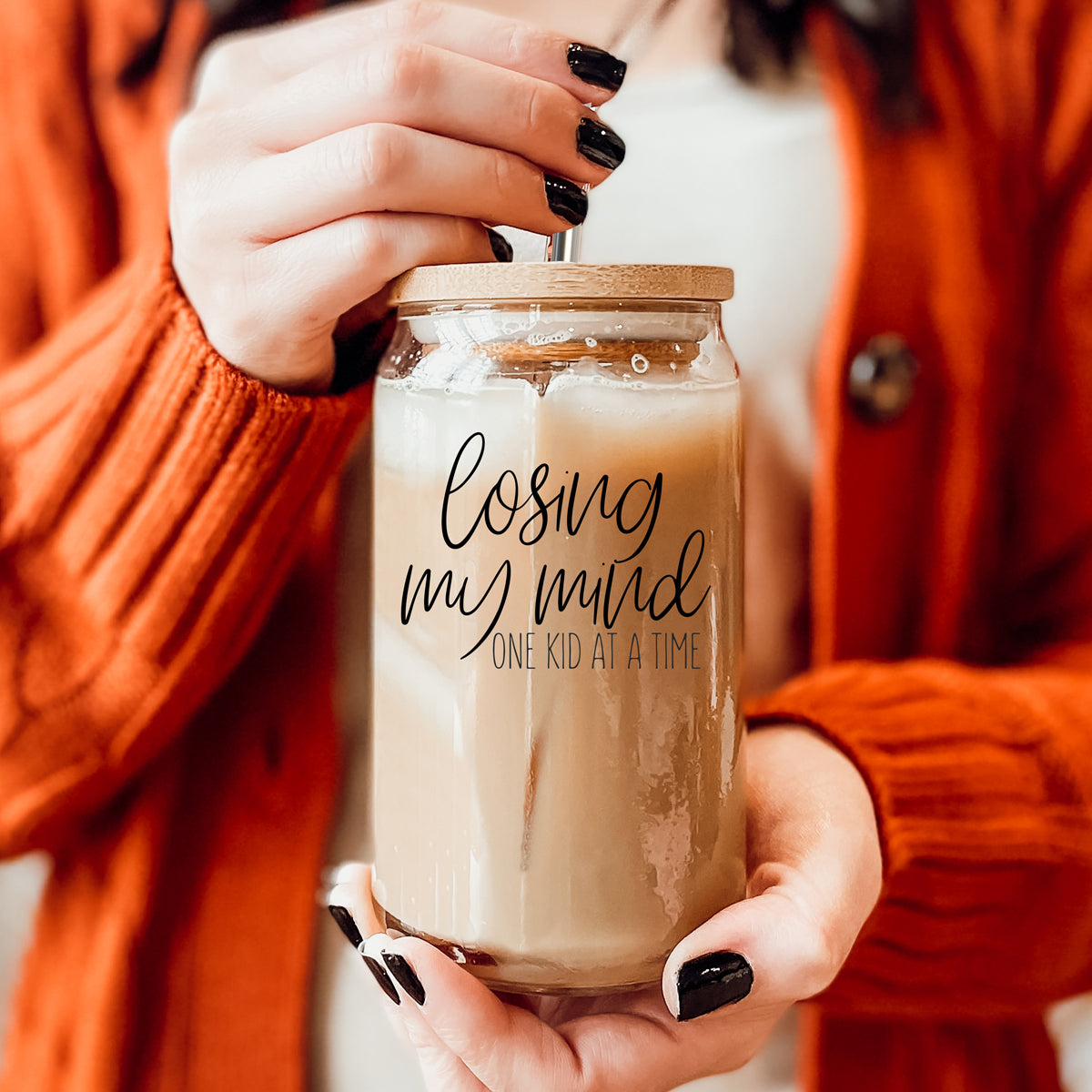 Losing My Mind Set glass drinking cups with bamboo lids and stainless steel straws, showcasing modern design and functionality.