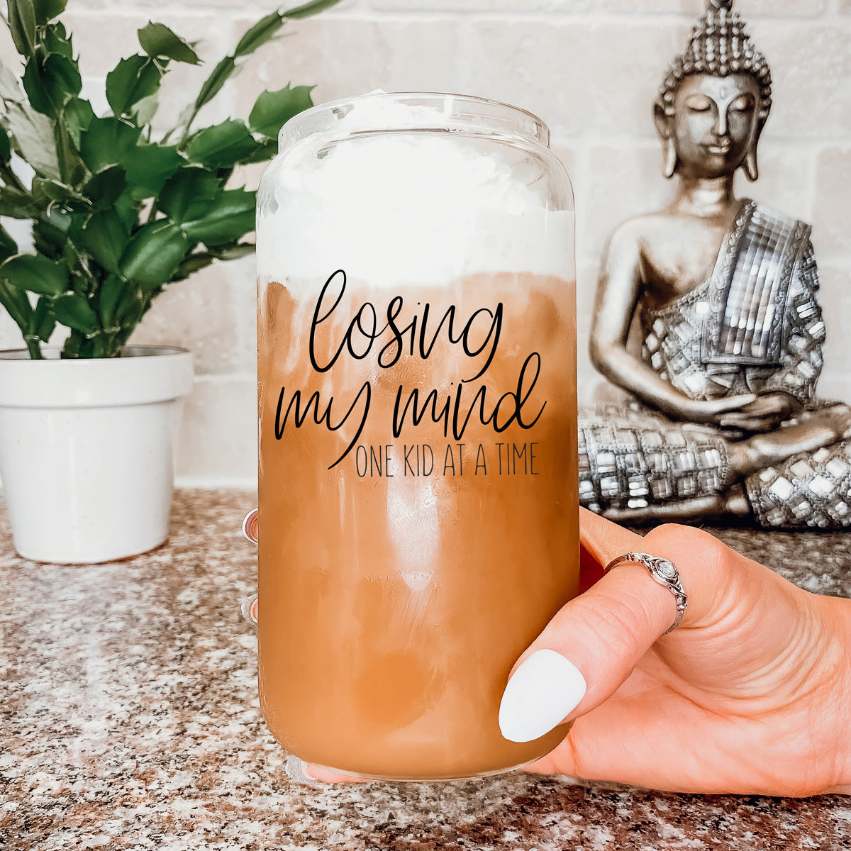 Losing My Mind Set glass drinking cups with bamboo lids and stainless steel straws, showcasing modern design and functionality.