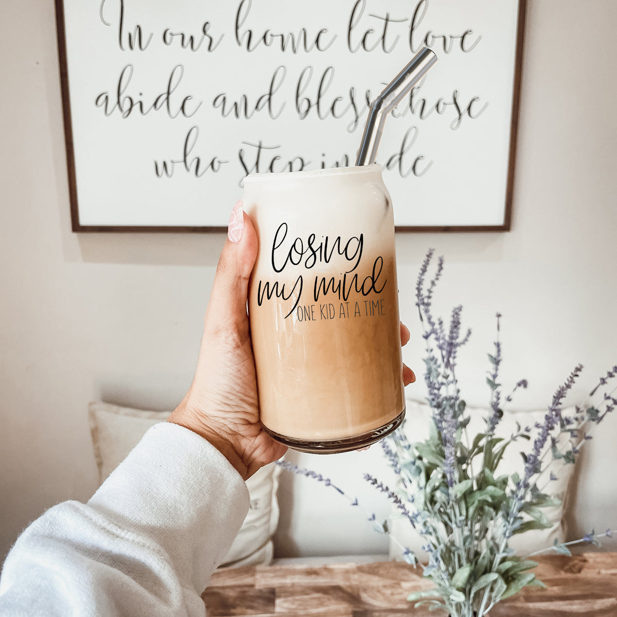 Losing My Mind Set glass drinking cups with bamboo lids and stainless steel straws, showcasing modern design and functionality.