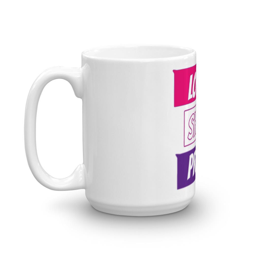 A sturdy white ceramic mug with a glossy finish, perfect for hot beverages, featuring a comfortable handle.