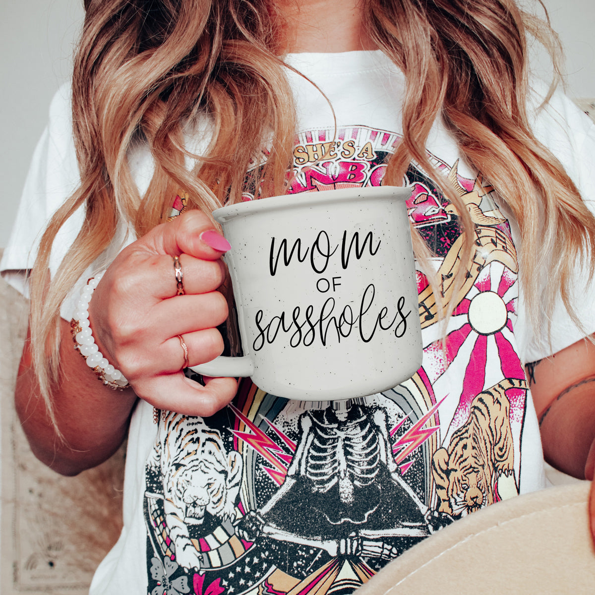 Mom of Sassholes 14.5oz ceramic campfire mug with white sesame glaze and black lettering, designed for sassy moms.