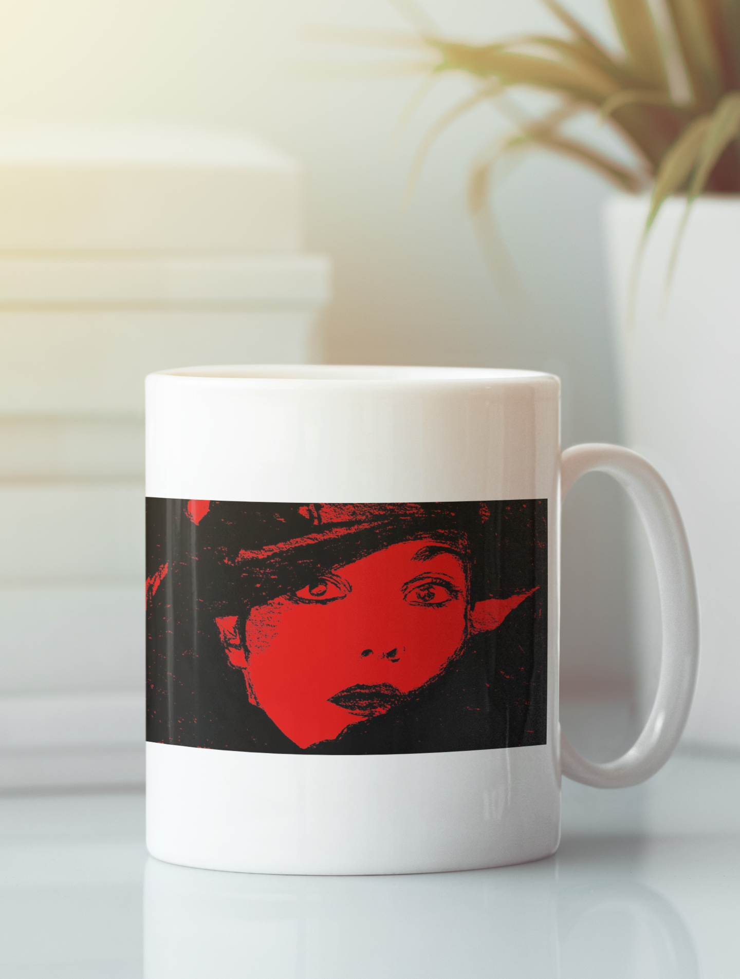 Mona Modern Pop Art Coffee Mug featuring a black and red pop art design, showcasing its ergonomic handle and ceramic material.