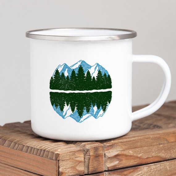 A white enamel camping mug with a stainless steel rim, featuring a vibrant design printed on both sides, perfect for outdoor adventures.