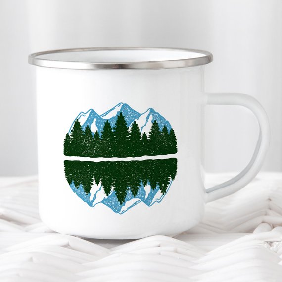 A white enamel camping mug with a stainless steel rim, featuring a vibrant design printed on both sides, perfect for outdoor adventures.