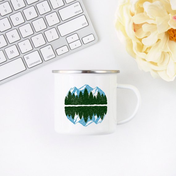 A white enamel camping mug with a stainless steel rim, featuring a vibrant design printed on both sides, perfect for outdoor adventures.