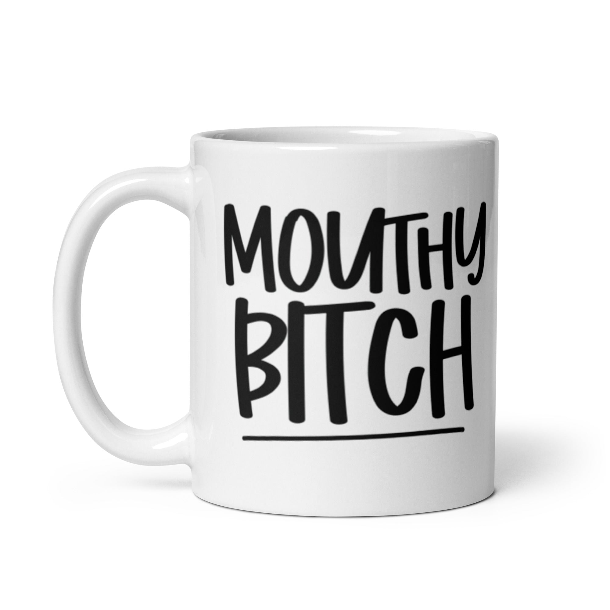 A stylish ceramic Mouthy Bitch Mug with a sassy design, available in 11 oz and 15 oz sizes, perfect for coffee lovers.