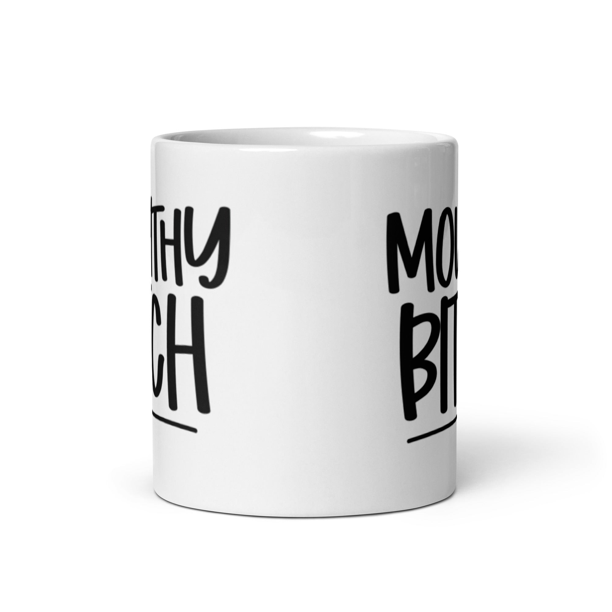 A stylish ceramic Mouthy Bitch Mug with a sassy design, available in 11 oz and 15 oz sizes, perfect for coffee lovers.