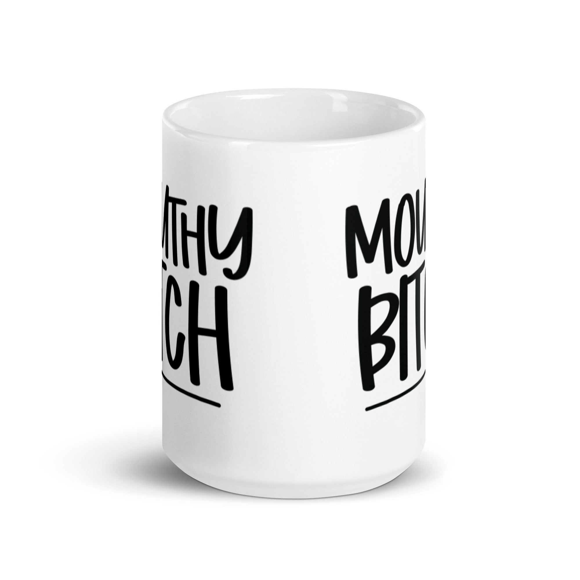 A stylish ceramic Mouthy Bitch Mug with a sassy design, available in 11 oz and 15 oz sizes, perfect for coffee lovers.