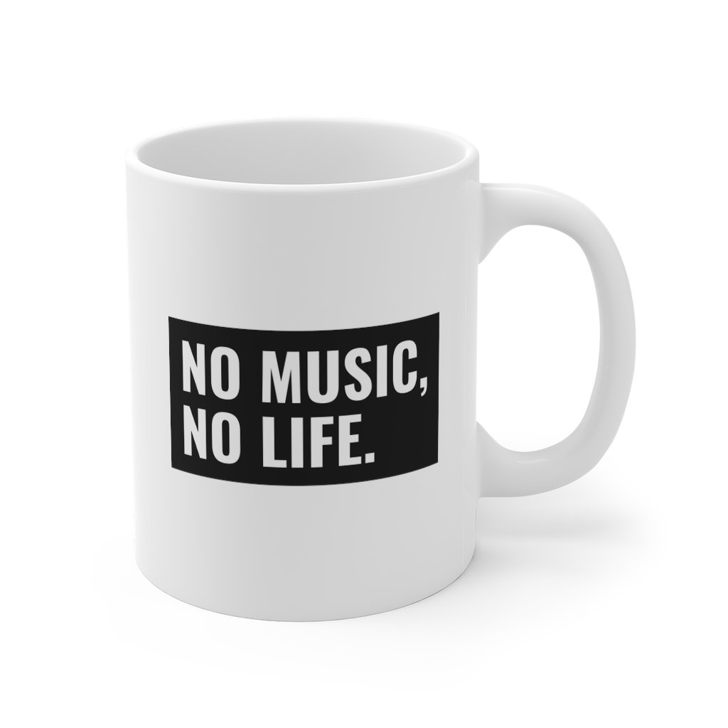 A white ceramic mug with the phrase 'No Music, No Life' printed on it, featuring a classic shape and comfortable C-handle.