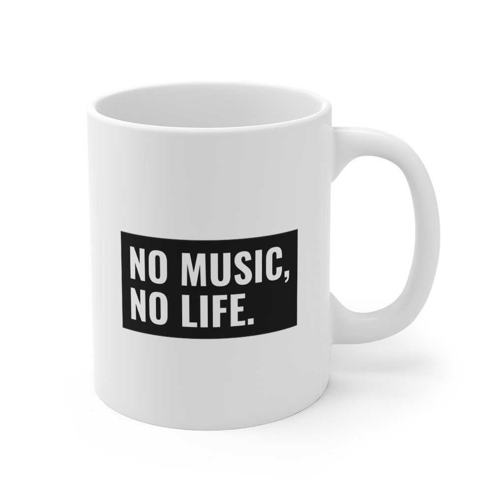 A white ceramic mug with the phrase 'No Music, No Life' printed on it, featuring a classic shape and comfortable C-handle.