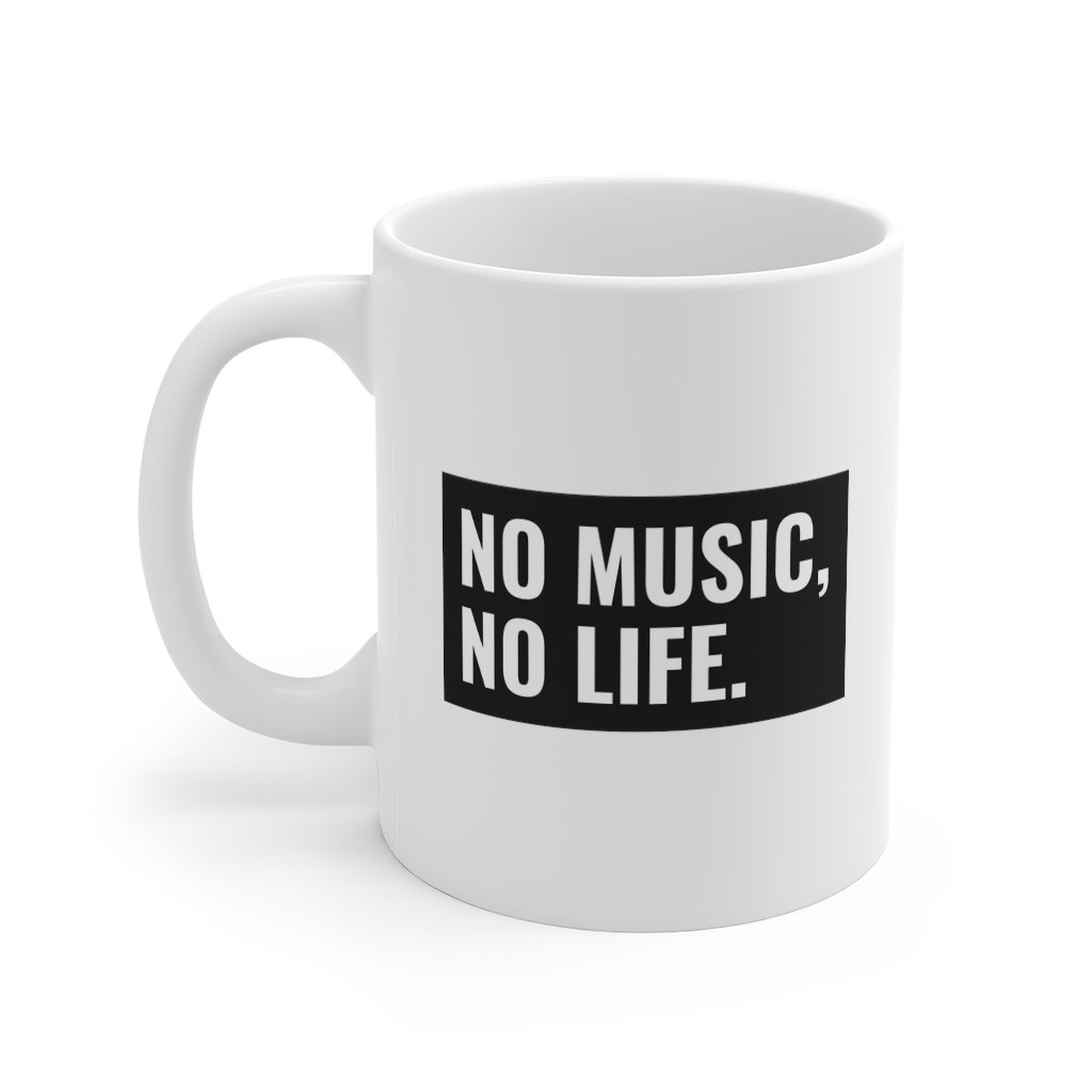 A white ceramic mug with the phrase 'No Music, No Life' printed on it, featuring a classic shape and comfortable C-handle.