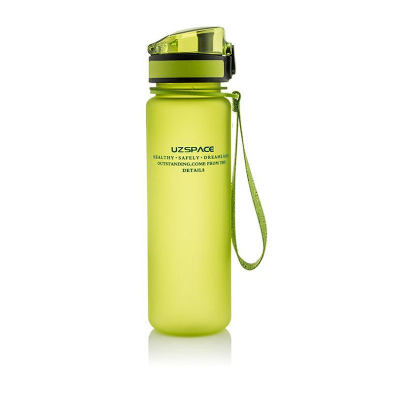 A portable leak-proof sports water bottle with a cylindrical shape, designed for outdoor travel, featuring a sleek plain pattern and a 500ml capacity.