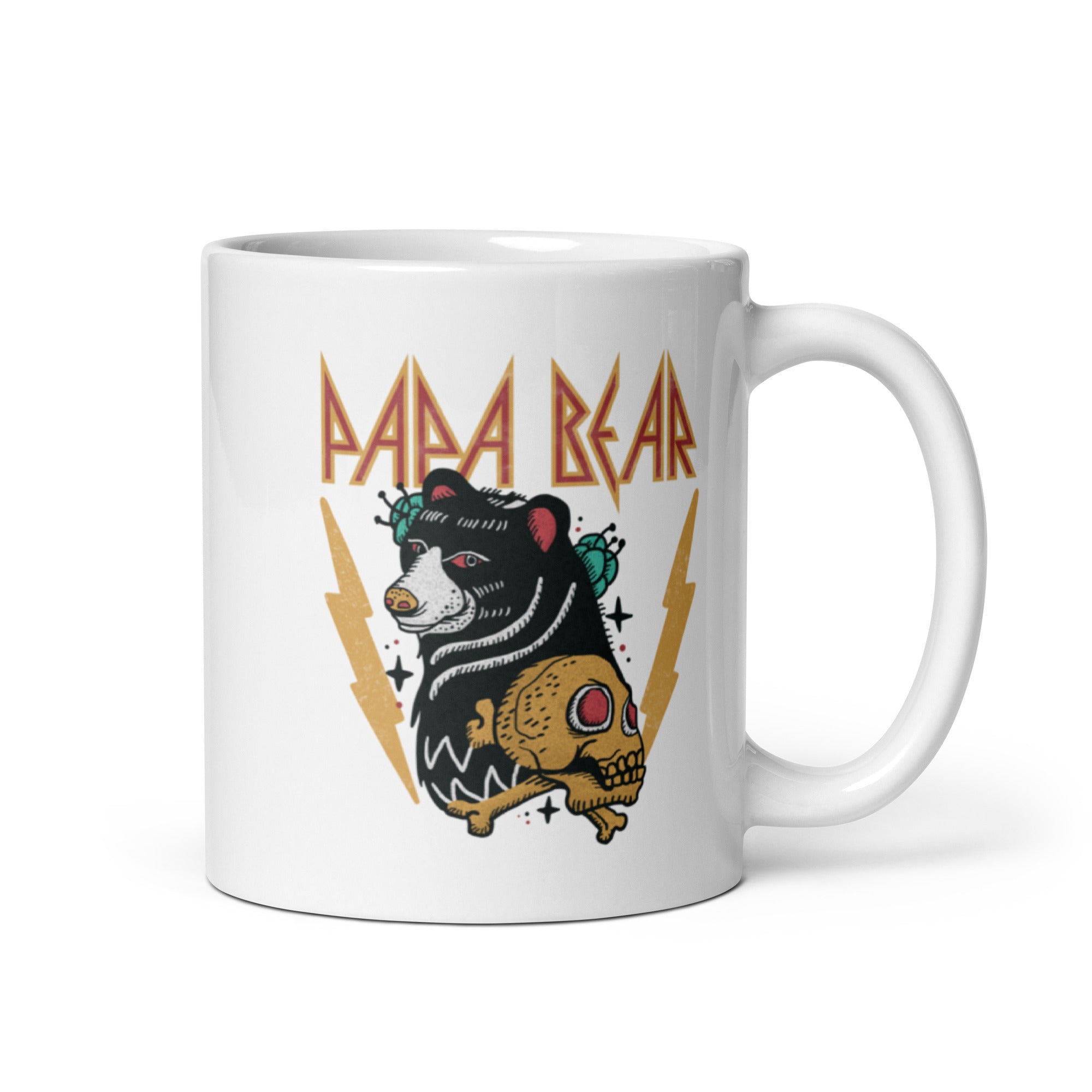 Papa Bear Rocker Mug in glossy ceramic with vivid print, available in two sizes.