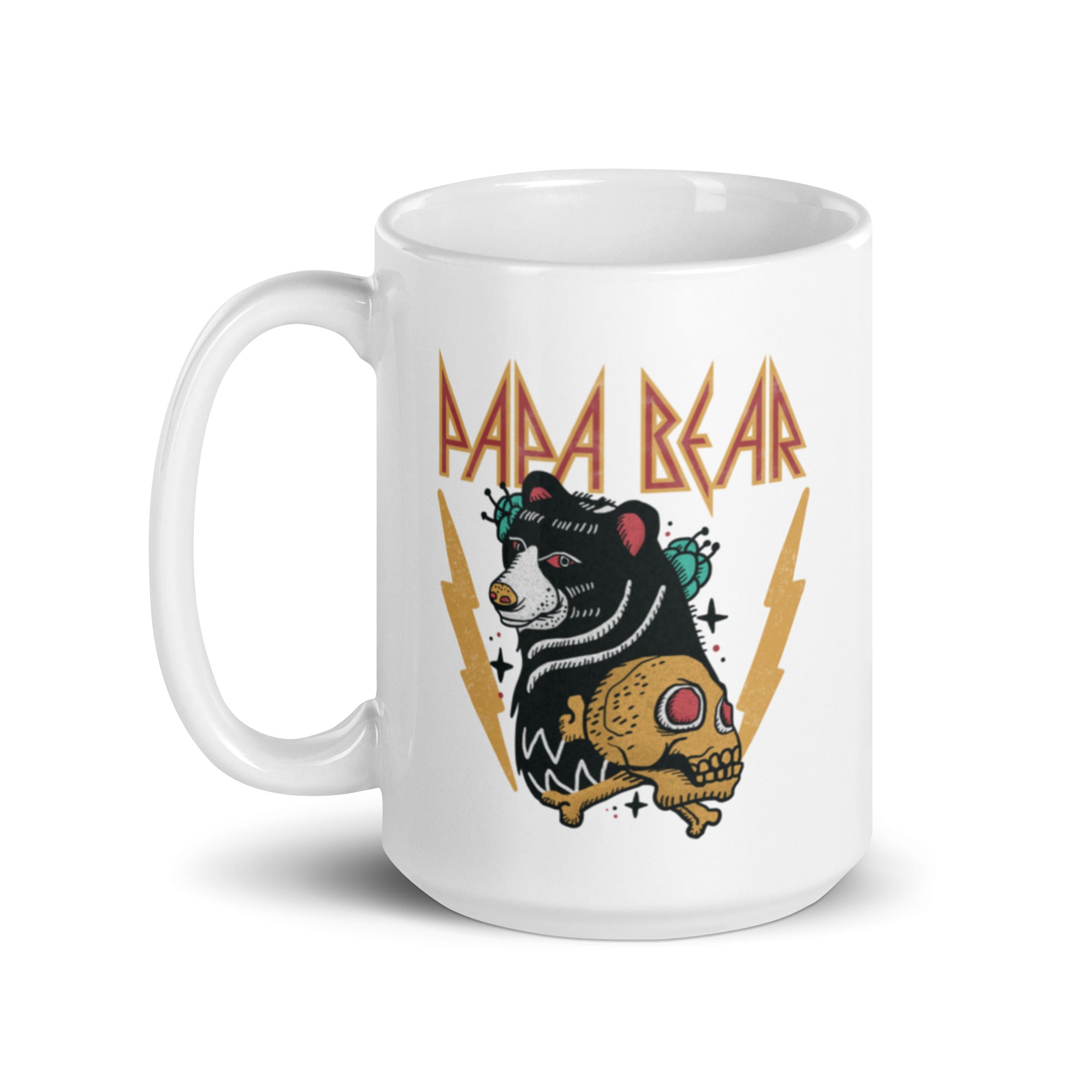 Papa Bear Rocker Mug in glossy ceramic with vivid print, available in two sizes.