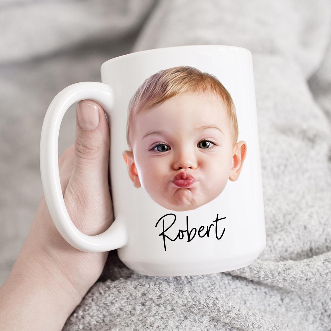 A personalized photo mug featuring a vibrant custom design, showcasing a cropped face image on a glossy white ceramic surface.