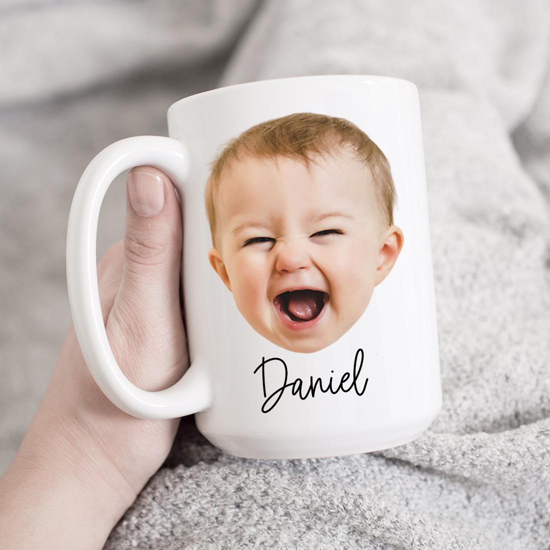 A personalized photo mug featuring a custom design with a vibrant image and text, showcasing its glossy white ceramic finish.